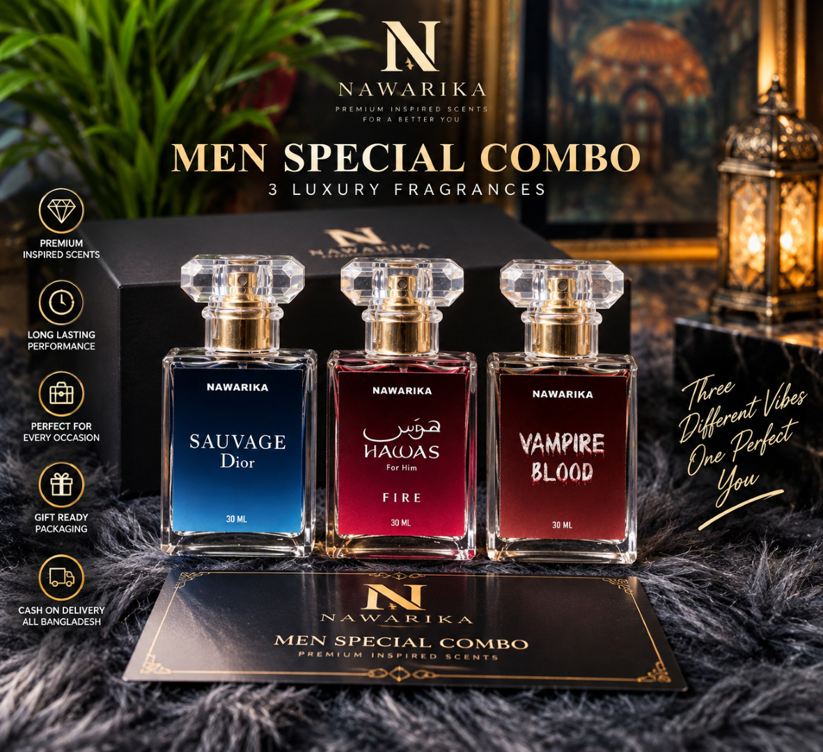 Men Special Perfume Combo 30ml – Dior Sauvage, Hawas Fire & Vampire Blood